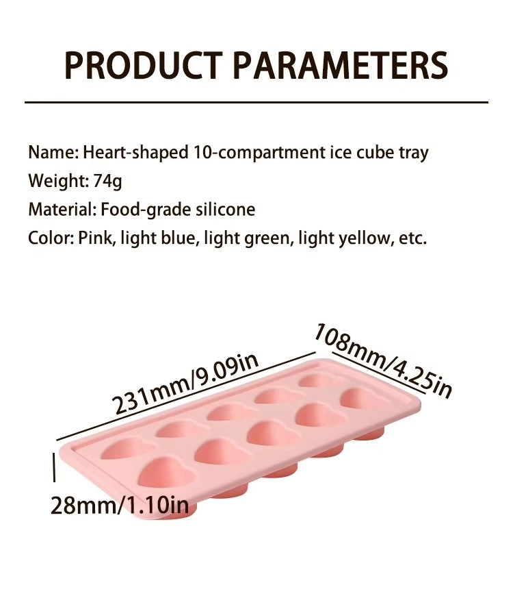 10 Cavity Heart-Shaped Silicone Ice Cube Tray Parameters