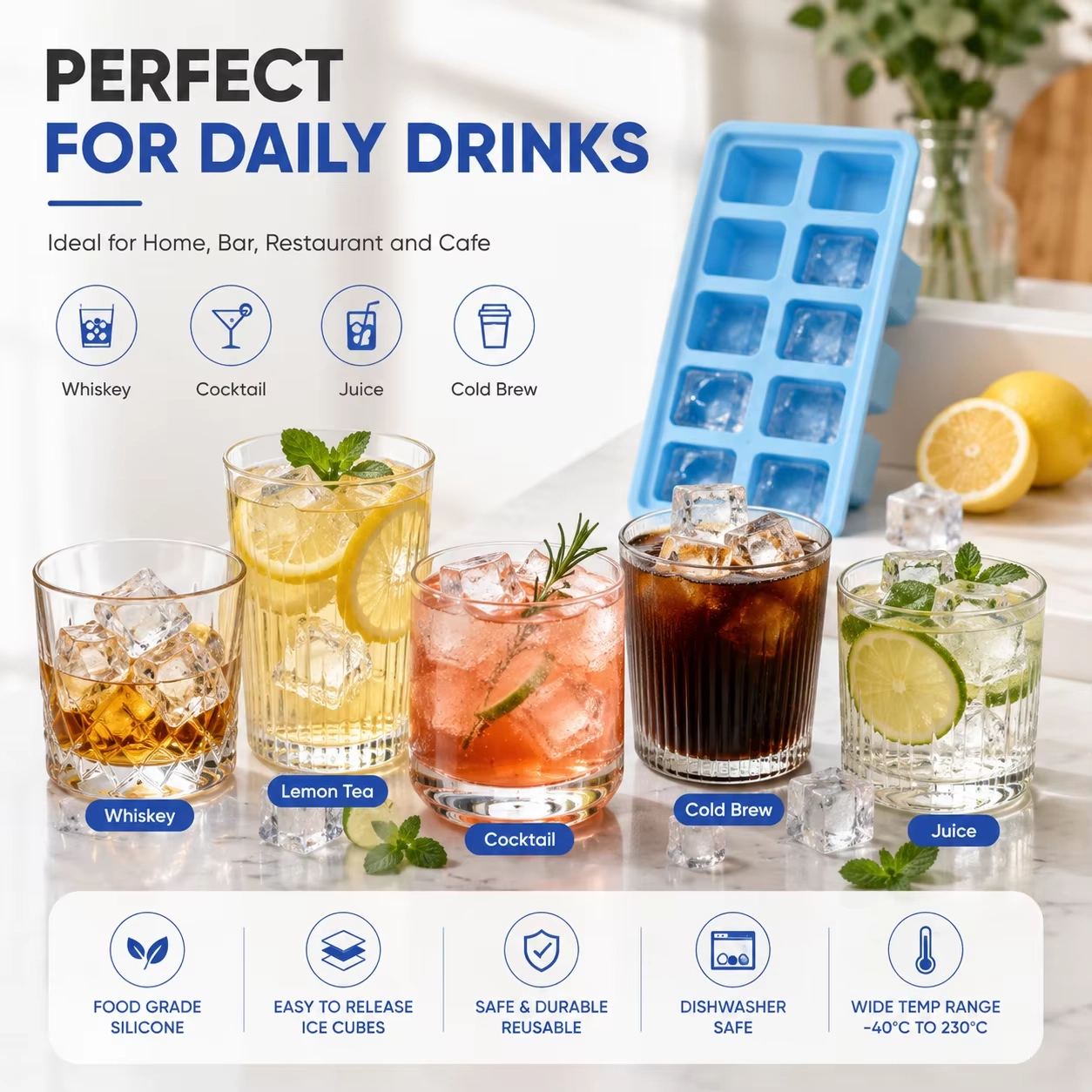 10 Compartment Silicone Ice Cube Tray for Home, Bar, Restaurant and Cafe