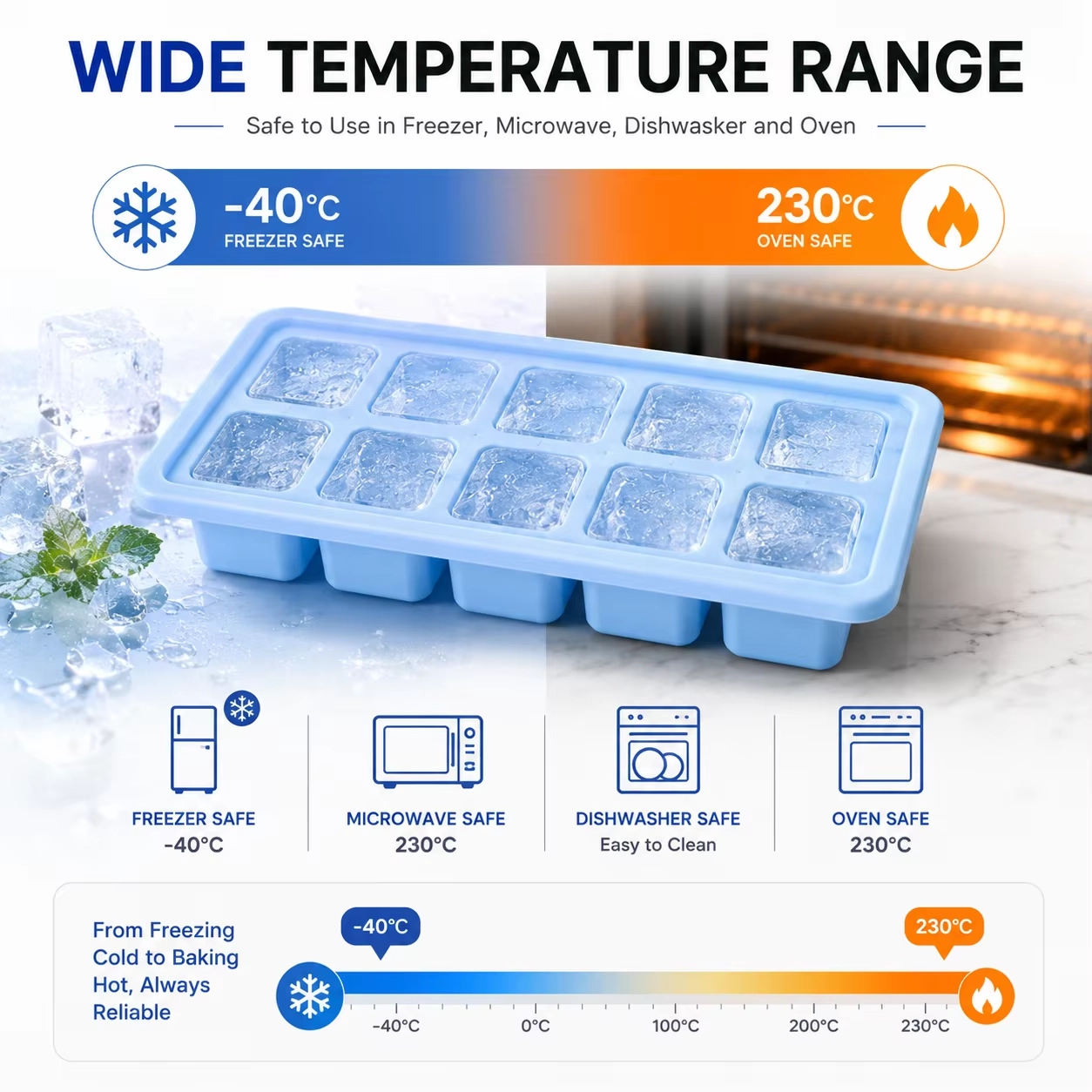 Wide-temperature-range silicone ice cube tray